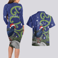 Personalized New Zealand Pukeko Christmas Couples Matching Long Sleeve Bodycon Dress and Hawaiian Shirt Meri Kirihimete Taniko Ponga Koru Blue LT14 - Polynesian Pride
