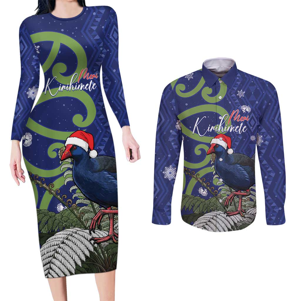 Personalized New Zealand Pukeko Christmas Couples Matching Long Sleeve Bodycon Dress and Long Sleeve Button Shirt Meri Kirihimete Taniko Ponga Koru Blue LT14 Blue - Polynesian Pride