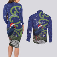Personalized New Zealand Pukeko Christmas Couples Matching Long Sleeve Bodycon Dress and Long Sleeve Button Shirt Meri Kirihimete Taniko Ponga Koru Blue LT14 - Polynesian Pride