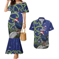 Personalized New Zealand Pukeko Christmas Couples Matching Mermaid Dress and Hawaiian Shirt Meri Kirihimete Taniko Ponga Koru Blue LT14 Blue - Polynesian Pride