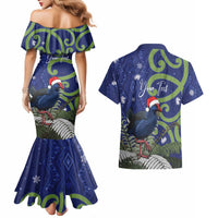 Personalized New Zealand Pukeko Christmas Couples Matching Mermaid Dress and Hawaiian Shirt Meri Kirihimete Taniko Ponga Koru Blue LT14 - Polynesian Pride