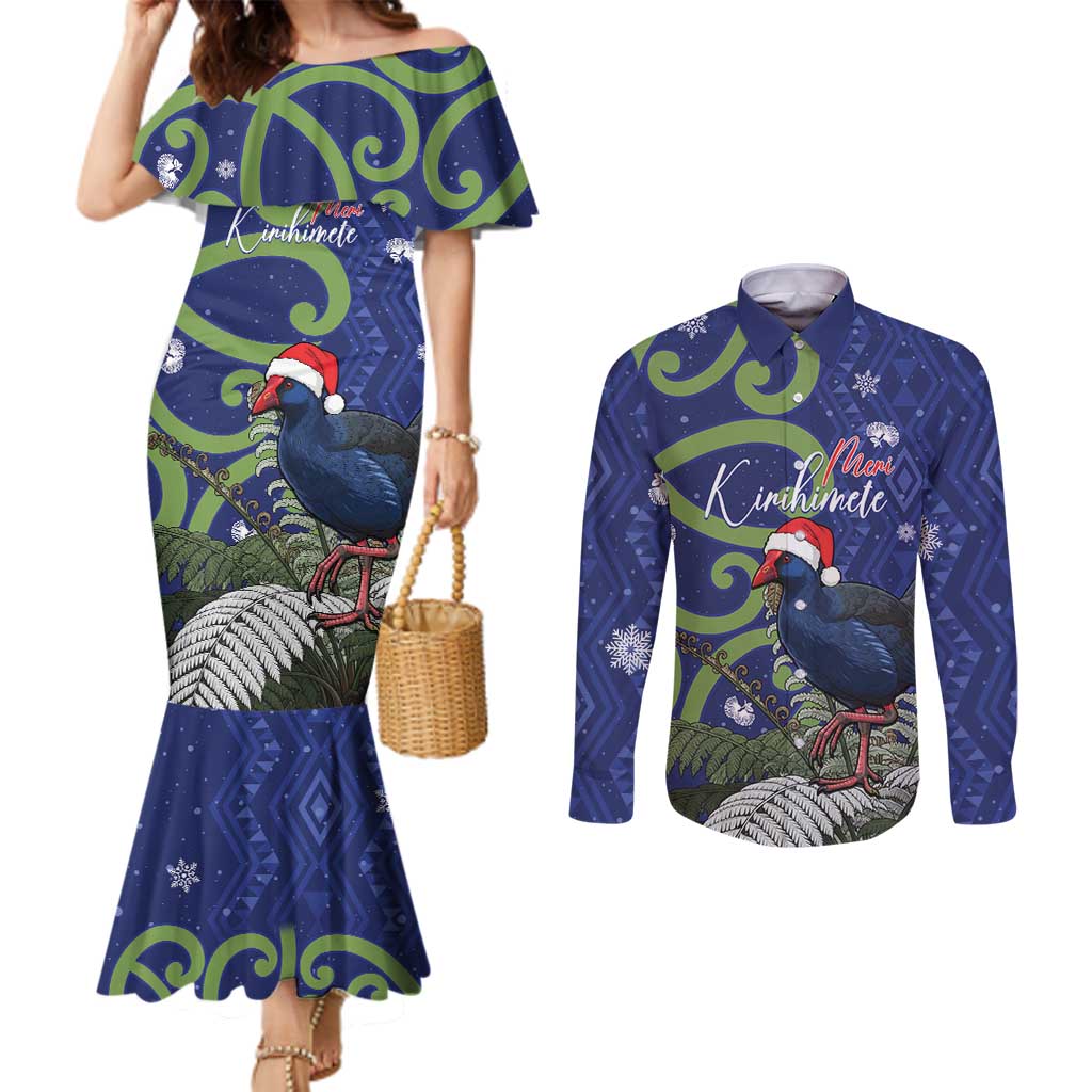 Personalized New Zealand Pukeko Christmas Couples Matching Mermaid Dress and Long Sleeve Button Shirt Meri Kirihimete Taniko Ponga Koru Blue LT14 Blue - Polynesian Pride
