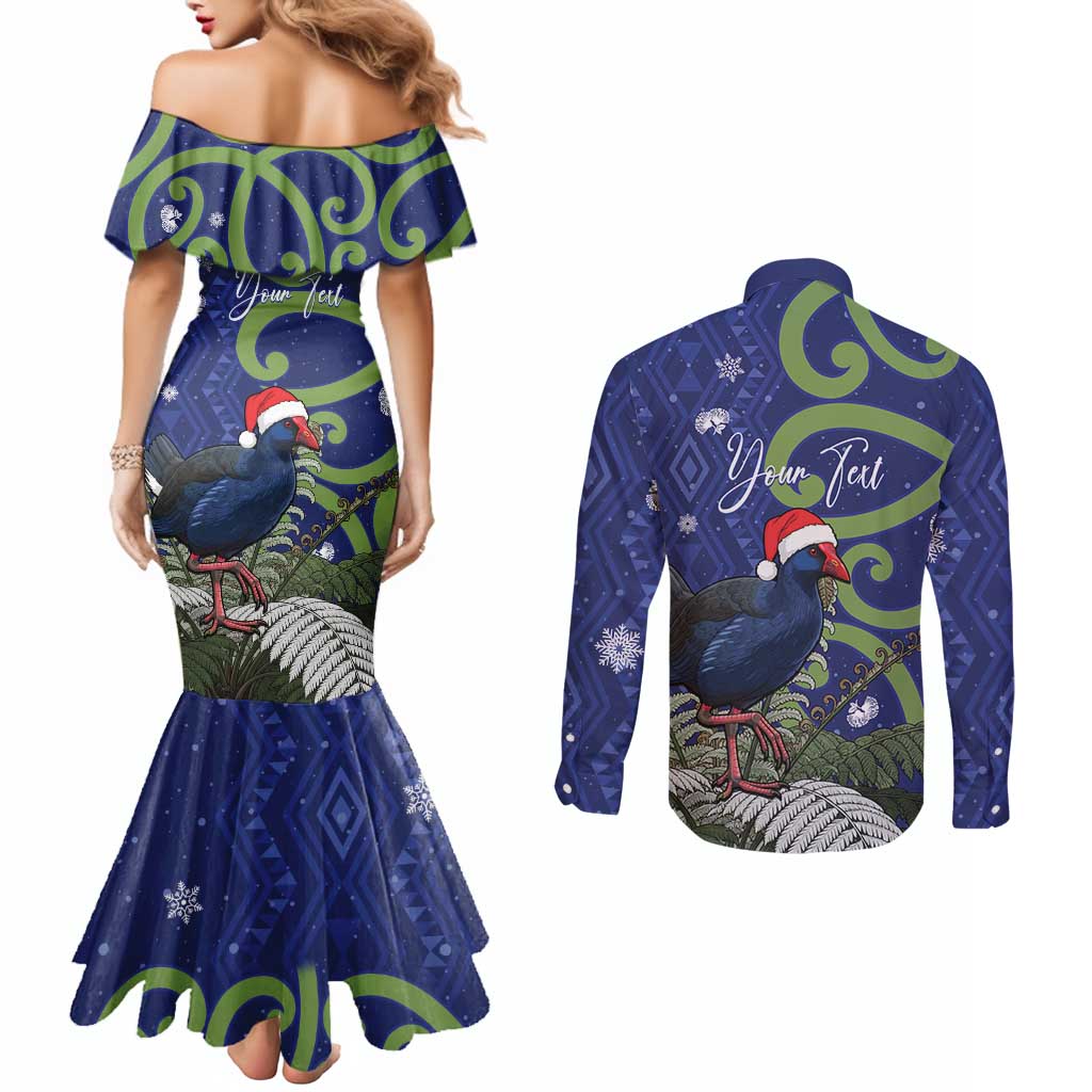 Personalized New Zealand Pukeko Christmas Couples Matching Mermaid Dress and Long Sleeve Button Shirt Meri Kirihimete Taniko Ponga Koru Blue LT14 - Polynesian Pride