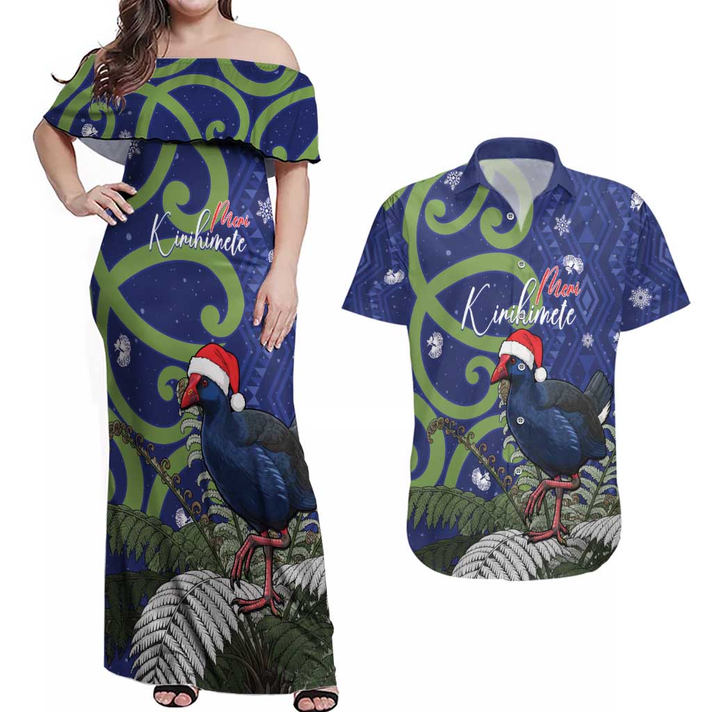 Personalized New Zealand Pukeko Christmas Couples Matching Off Shoulder Maxi Dress and Hawaiian Shirt Meri Kirihimete Taniko Ponga Koru Blue LT14 Blue - Polynesian Pride