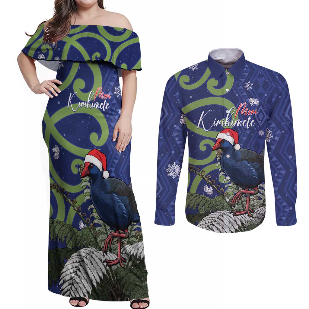 Personalized New Zealand Pukeko Christmas Couples Matching Off Shoulder Maxi Dress and Long Sleeve Button Shirt Meri Kirihimete Taniko Ponga Koru Blue LT14 Blue - Polynesian Pride