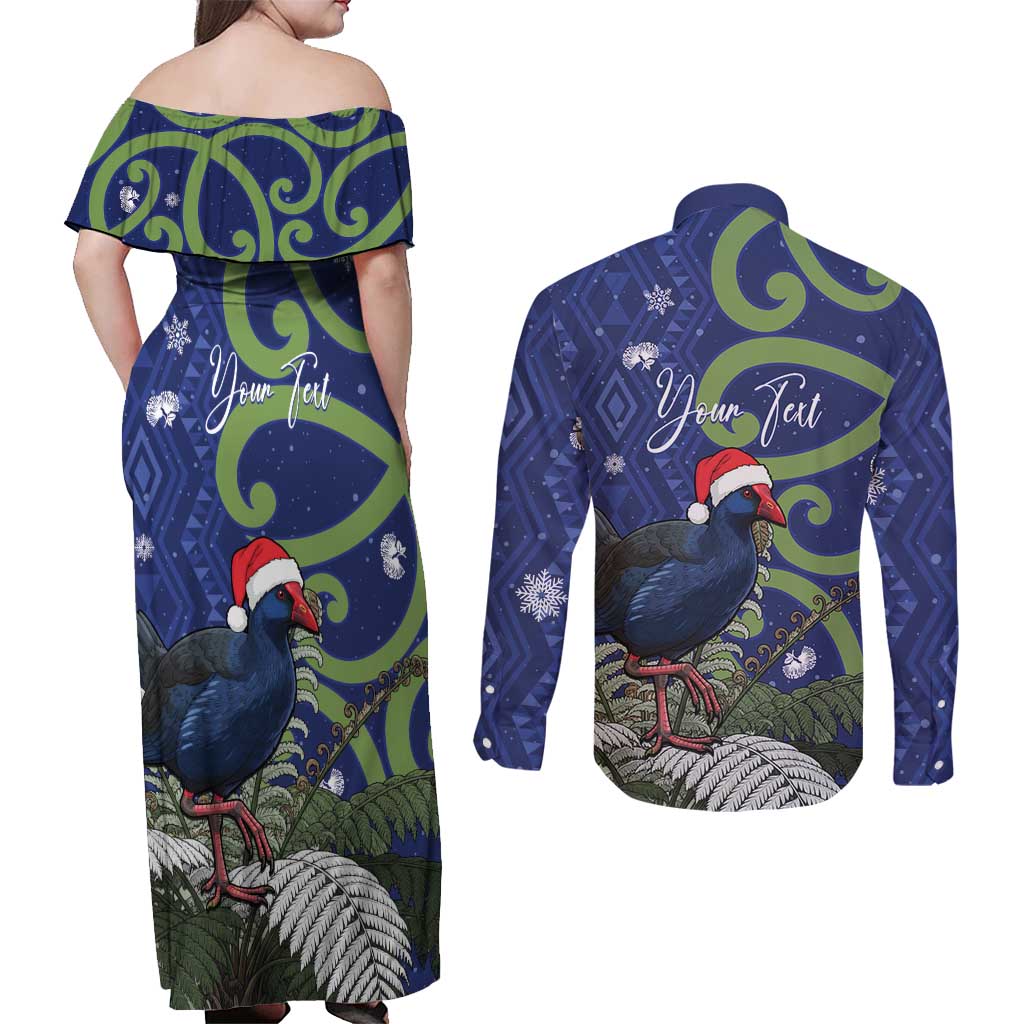 Personalized New Zealand Pukeko Christmas Couples Matching Off Shoulder Maxi Dress and Long Sleeve Button Shirt Meri Kirihimete Taniko Ponga Koru Blue LT14 - Polynesian Pride