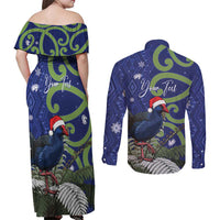 Personalized New Zealand Pukeko Christmas Couples Matching Off Shoulder Maxi Dress and Long Sleeve Button Shirt Meri Kirihimete Taniko Ponga Koru Blue LT14 - Polynesian Pride