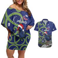 Personalized New Zealand Pukeko Christmas Couples Matching Off Shoulder Short Dress and Hawaiian Shirt Meri Kirihimete Taniko Ponga Koru Blue LT14 Blue - Polynesian Pride