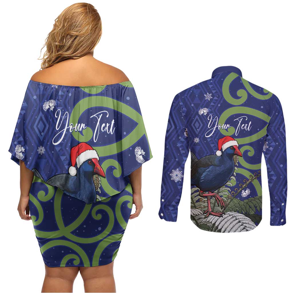 Personalized New Zealand Pukeko Christmas Couples Matching Off Shoulder Short Dress and Long Sleeve Button Shirt Meri Kirihimete Taniko Ponga Koru Blue LT14 - Polynesian Pride