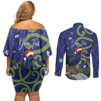 Personalized New Zealand Pukeko Christmas Couples Matching Off Shoulder Short Dress and Long Sleeve Button Shirt Meri Kirihimete Taniko Ponga Koru Blue LT14 - Polynesian Pride