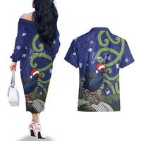 Personalized New Zealand Pukeko Christmas Couples Matching Off The Shoulder Long Sleeve Dress and Hawaiian Shirt Meri Kirihimete Taniko Ponga Koru Blue LT14 - Polynesian Pride