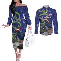 Personalized New Zealand Pukeko Christmas Couples Matching Off The Shoulder Long Sleeve Dress and Long Sleeve Button Shirt Meri Kirihimete Taniko Ponga Koru Blue LT14 Blue - Polynesian Pride