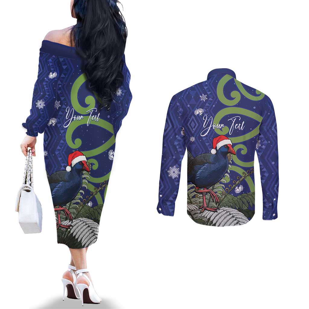 Personalized New Zealand Pukeko Christmas Couples Matching Off The Shoulder Long Sleeve Dress and Long Sleeve Button Shirt Meri Kirihimete Taniko Ponga Koru Blue LT14 - Polynesian Pride