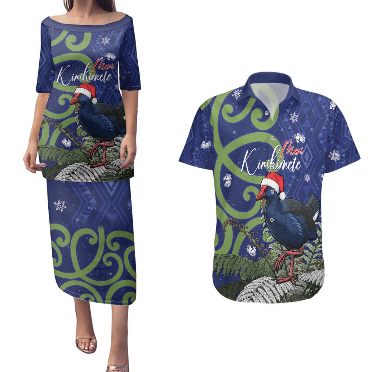Personalized New Zealand Pukeko Christmas Couples Matching Puletasi and Hawaiian Shirt Meri Kirihimete Taniko Ponga Koru Blue LT14 Blue - Polynesian Pride