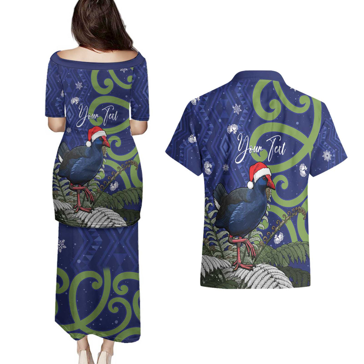 Personalized New Zealand Pukeko Christmas Couples Matching Puletasi and Hawaiian Shirt Meri Kirihimete Taniko Ponga Koru Blue LT14 - Polynesian Pride