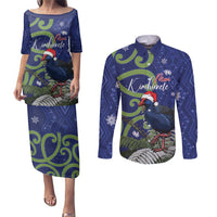 Personalized New Zealand Pukeko Christmas Couples Matching Puletasi and Long Sleeve Button Shirt Meri Kirihimete Taniko Ponga Koru Blue LT14 Blue - Polynesian Pride