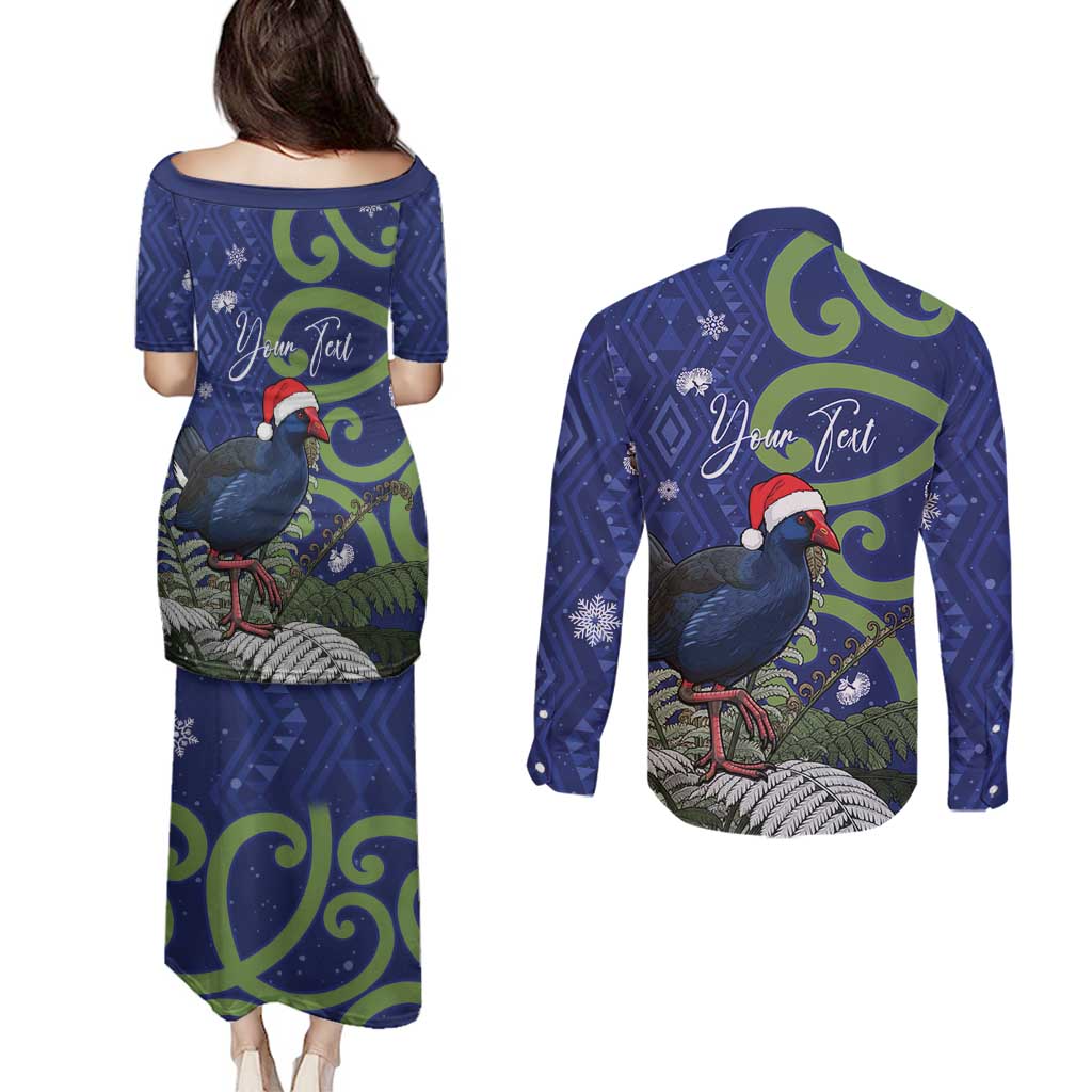 Personalized New Zealand Pukeko Christmas Couples Matching Puletasi and Long Sleeve Button Shirt Meri Kirihimete Taniko Ponga Koru Blue LT14 - Polynesian Pride