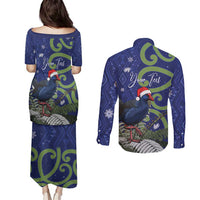 Personalized New Zealand Pukeko Christmas Couples Matching Puletasi and Long Sleeve Button Shirt Meri Kirihimete Taniko Ponga Koru Blue LT14 - Polynesian Pride