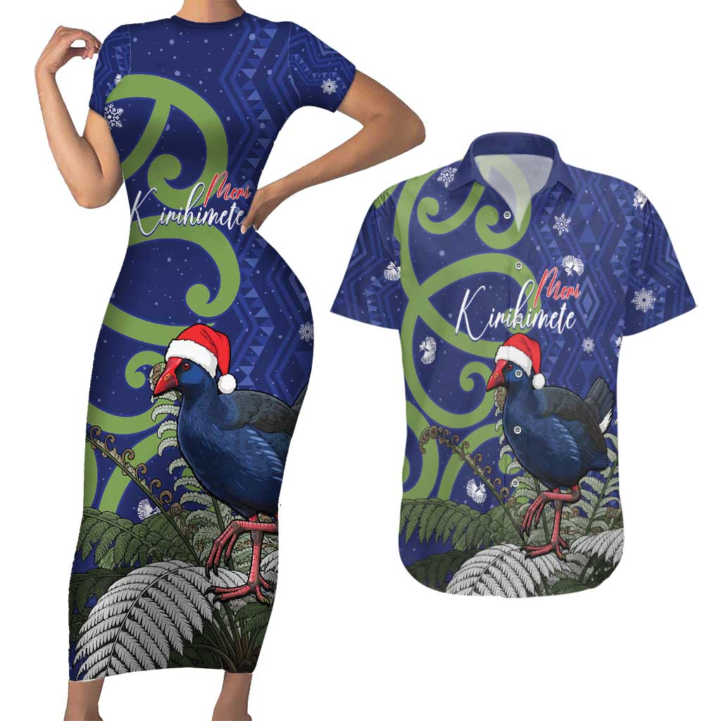 Personalized New Zealand Pukeko Christmas Couples Matching Short Sleeve Bodycon Dress and Hawaiian Shirt Meri Kirihimete Taniko Ponga Koru Blue LT14 Blue - Polynesian Pride