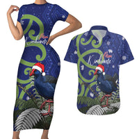 Personalized New Zealand Pukeko Christmas Couples Matching Short Sleeve Bodycon Dress and Hawaiian Shirt Meri Kirihimete Taniko Ponga Koru Blue LT14 Blue - Polynesian Pride