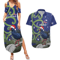 Personalized New Zealand Pukeko Christmas Couples Matching Summer Maxi Dress and Hawaiian Shirt Meri Kirihimete Taniko Ponga Koru Blue LT14 Blue - Polynesian Pride