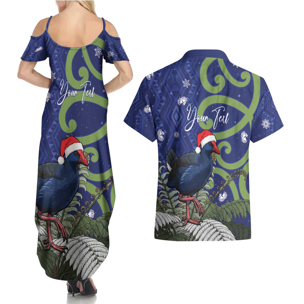 Personalized New Zealand Pukeko Christmas Couples Matching Summer Maxi Dress and Hawaiian Shirt Meri Kirihimete Taniko Ponga Koru Blue LT14 - Polynesian Pride