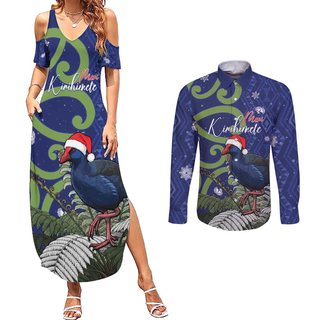 Personalized New Zealand Pukeko Christmas Couples Matching Summer Maxi Dress and Long Sleeve Button Shirt Meri Kirihimete Taniko Ponga Koru Blue LT14 Blue - Polynesian Pride