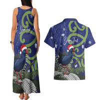 Personalized New Zealand Pukeko Christmas Couples Matching Tank Maxi Dress and Hawaiian Shirt Meri Kirihimete Taniko Ponga Koru Blue LT14 - Polynesian Pride