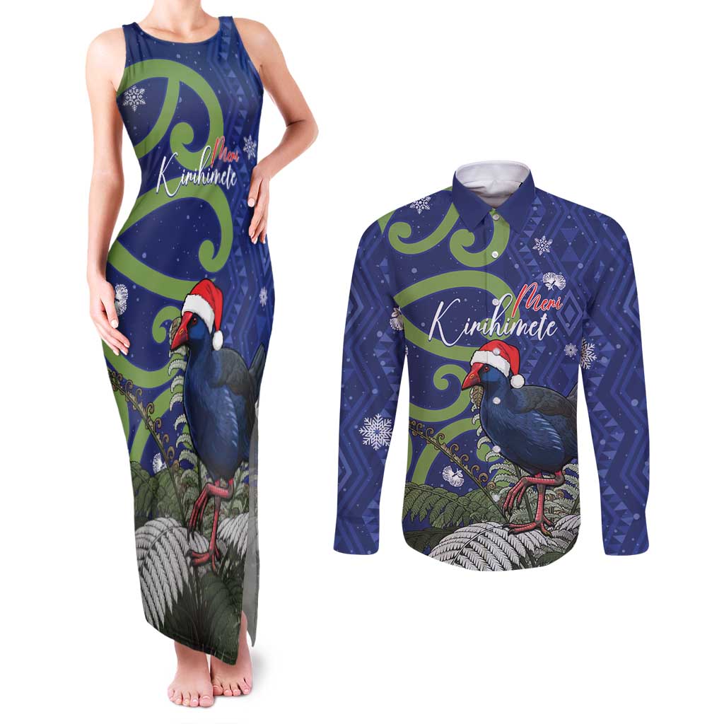 Personalized New Zealand Pukeko Christmas Couples Matching Tank Maxi Dress and Long Sleeve Button Shirt Meri Kirihimete Taniko Ponga Koru Blue - Polynesian Pride