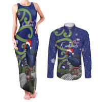Personalized New Zealand Pukeko Christmas Couples Matching Tank Maxi Dress and Long Sleeve Button Shirt Meri Kirihimete Taniko Ponga Koru Blue LT14 Blue - Polynesian Pride