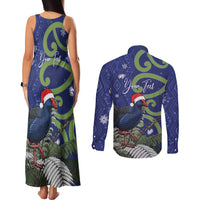 Personalized New Zealand Pukeko Christmas Couples Matching Tank Maxi Dress and Long Sleeve Button Shirt Meri Kirihimete Taniko Ponga Koru Blue LT14 - Polynesian Pride