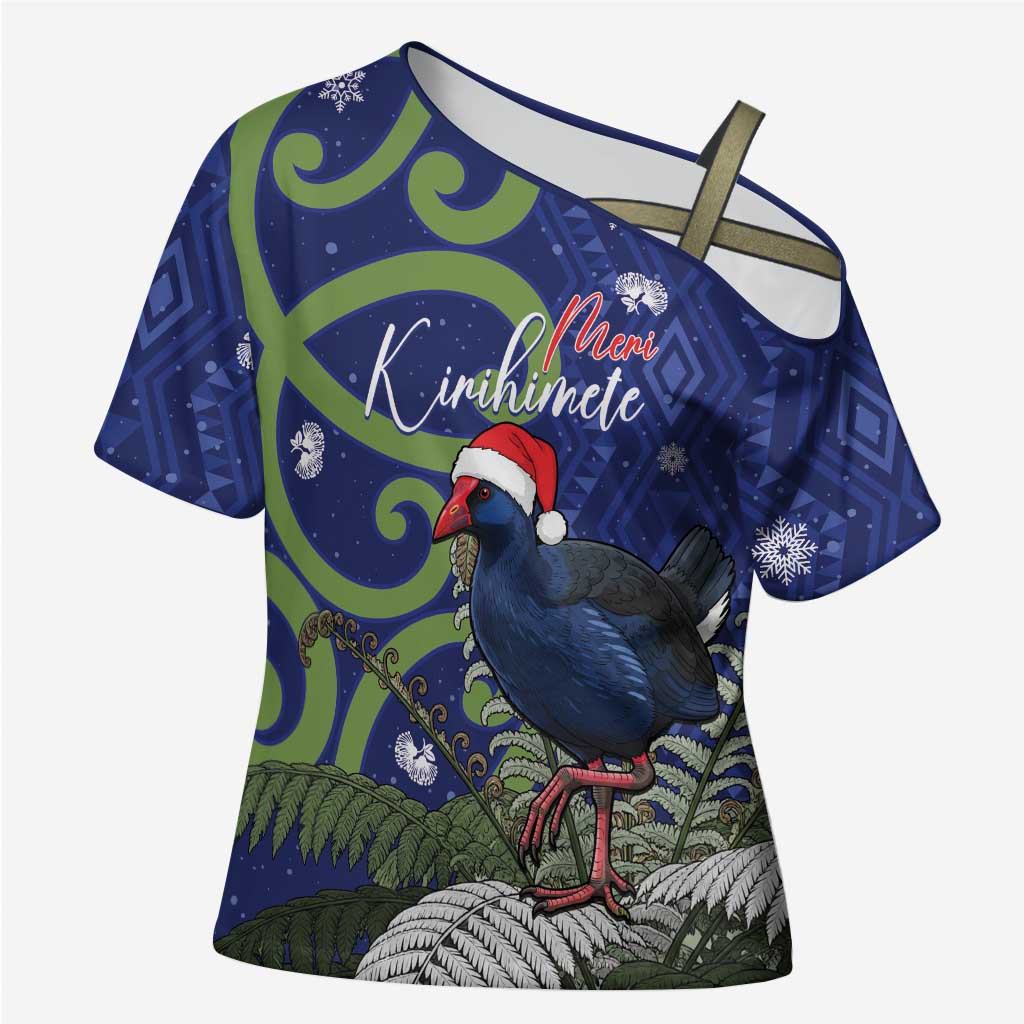 Personalized New Zealand Pukeko Christmas Cross Shoulder Shirt Meri Kirihimete Taniko Ponga Koru Blue LT14 Female Blue - Polynesian Pride