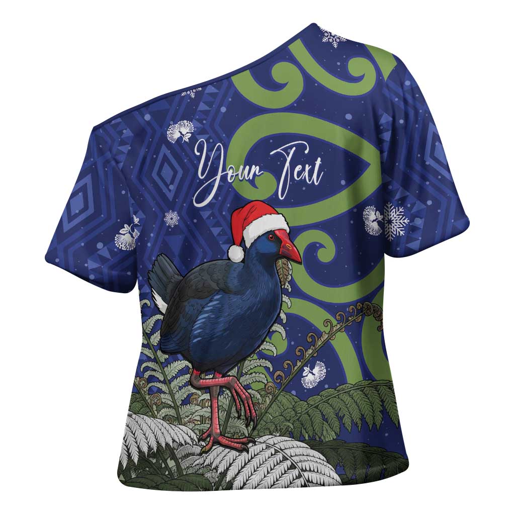 Personalized New Zealand Pukeko Christmas Cross Shoulder Shirt Meri Kirihimete Taniko Ponga Koru Blue LT14 - Polynesian Pride