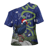 Personalized New Zealand Pukeko Christmas Cross Shoulder Shirt Meri Kirihimete Taniko Ponga Koru Blue LT14 - Polynesian Pride