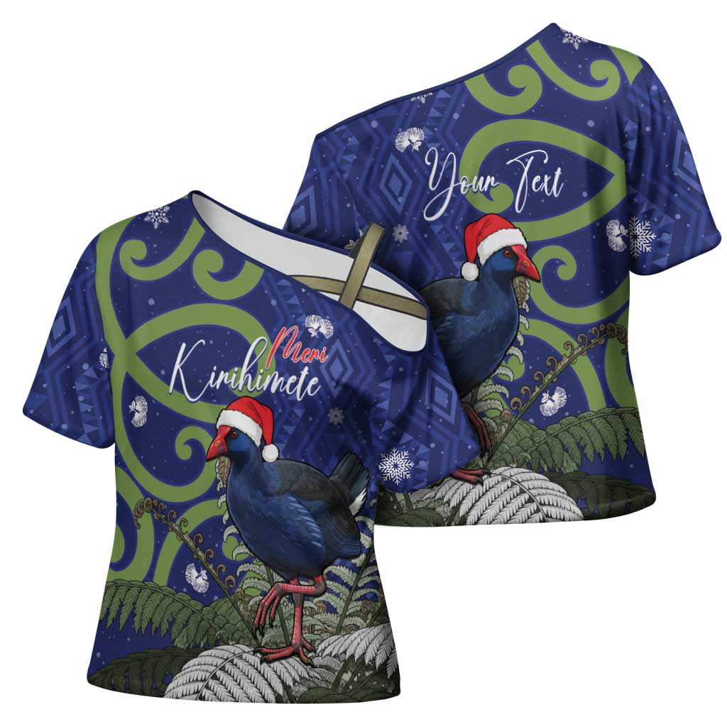 Personalized New Zealand Pukeko Christmas Cross Shoulder Shirt Meri Kirihimete Taniko Ponga Koru Blue LT14 - Polynesian Pride