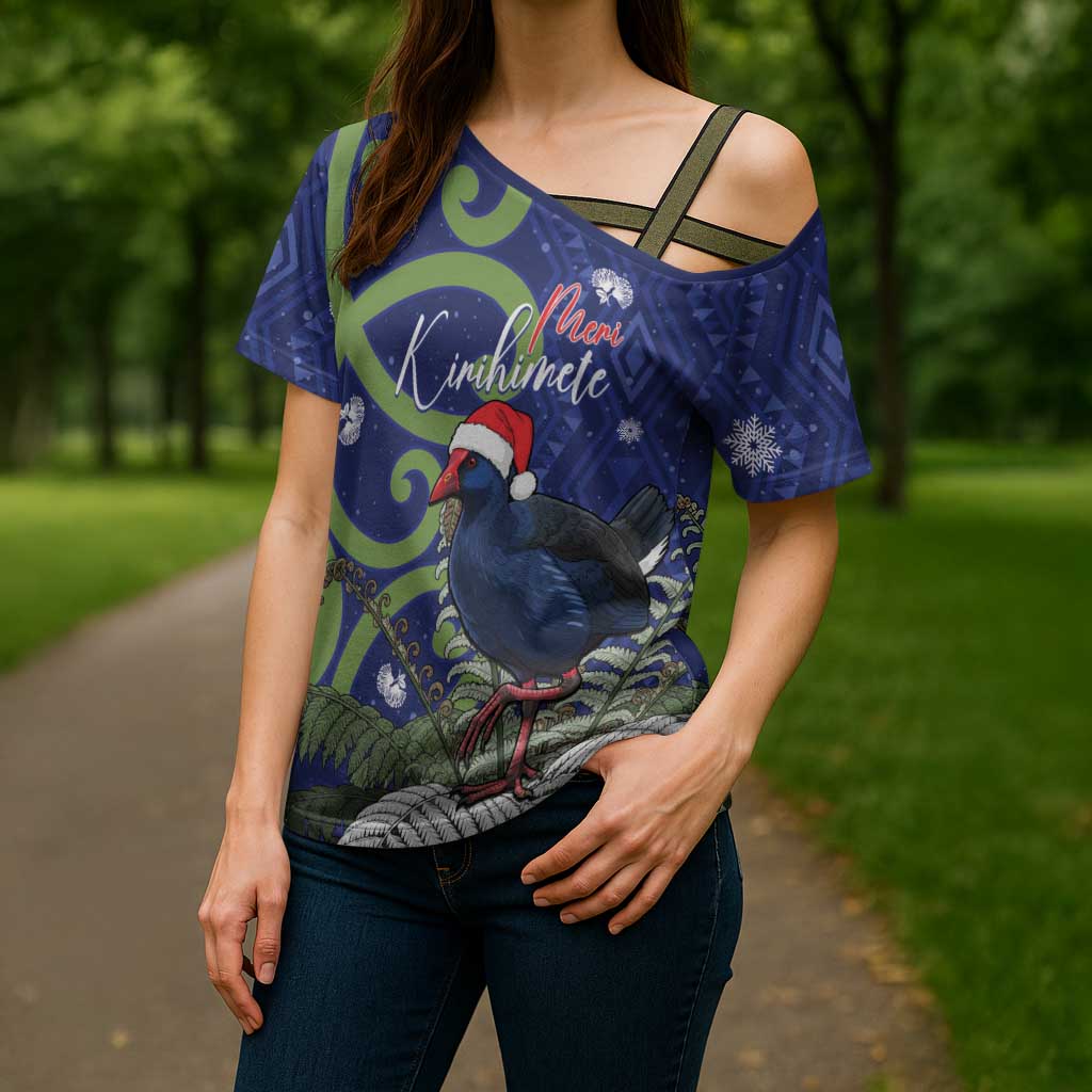 Personalized New Zealand Pukeko Christmas Cross Shoulder Shirt Meri Kirihimete Taniko Ponga Koru Blue LT14 - Polynesian Pride