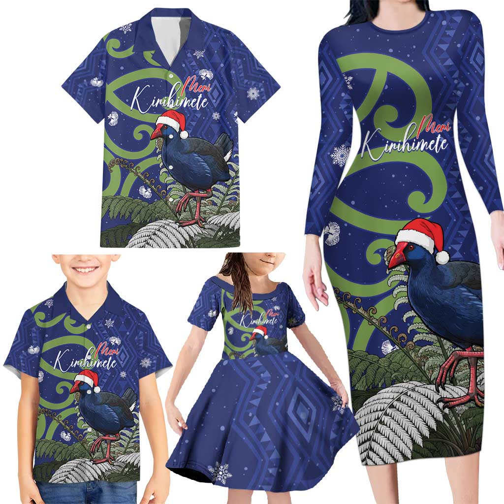 Personalized New Zealand Pukeko Christmas Family Matching Long Sleeve Bodycon Dress and Hawaiian Shirt Meri Kirihimete Taniko Ponga Koru Blue LT14 - Polynesian Pride