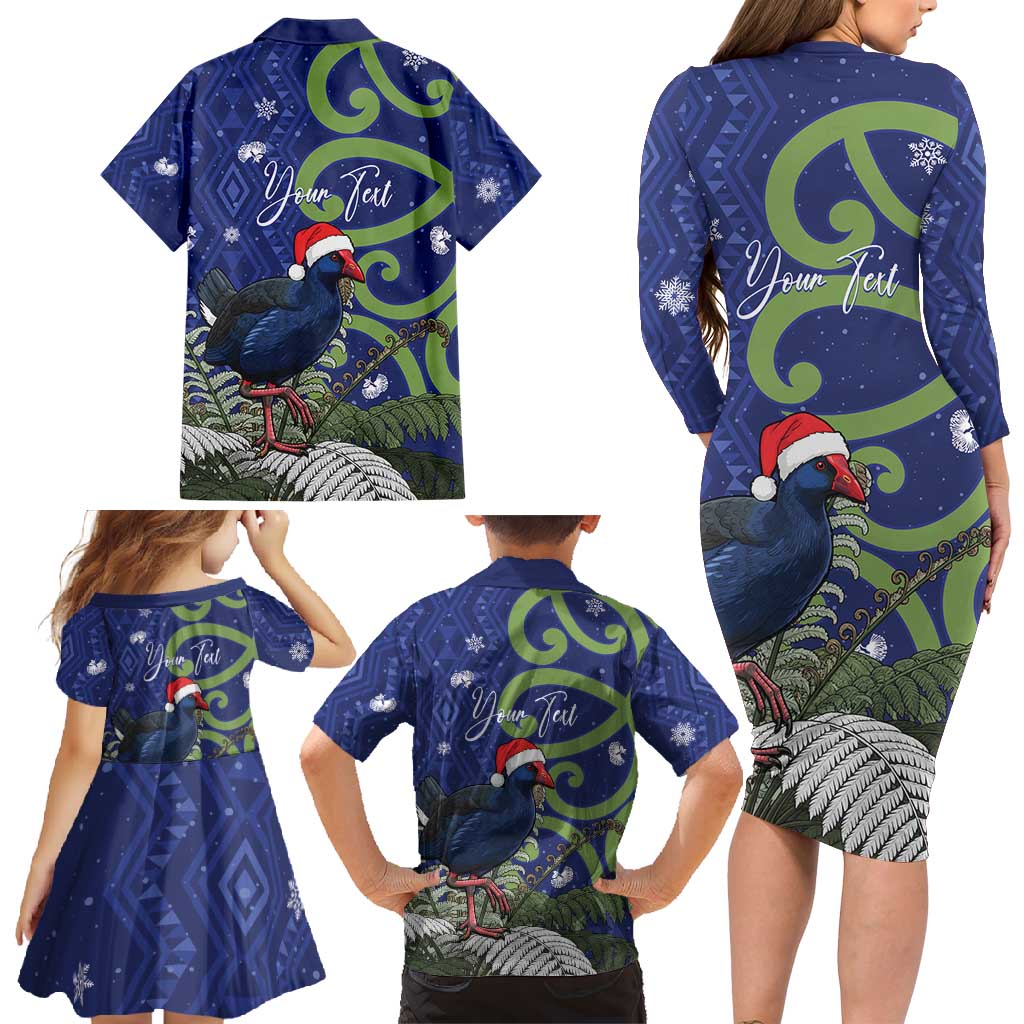 Personalized New Zealand Pukeko Christmas Family Matching Long Sleeve Bodycon Dress and Hawaiian Shirt Meri Kirihimete Taniko Ponga Koru Blue LT14 - Polynesian Pride