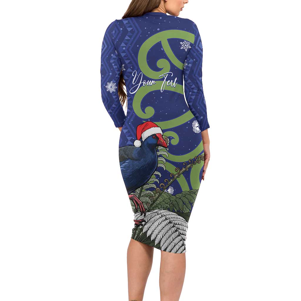Personalized New Zealand Pukeko Christmas Family Matching Long Sleeve Bodycon Dress and Hawaiian Shirt Meri Kirihimete Taniko Ponga Koru Blue LT14 - Polynesian Pride