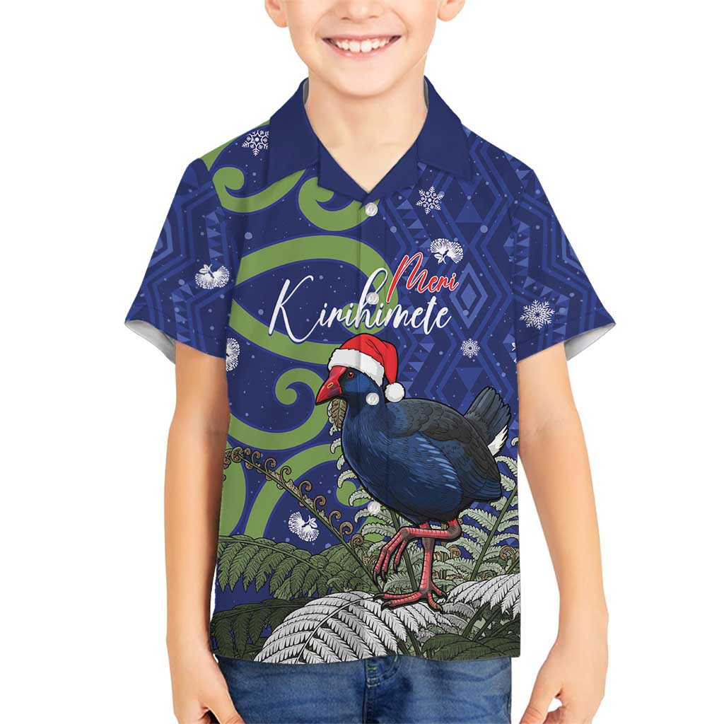 Personalized New Zealand Pukeko Christmas Family Matching Long Sleeve Bodycon Dress and Hawaiian Shirt Meri Kirihimete Taniko Ponga Koru Blue LT14 Son's Shirt Blue - Polynesian Pride