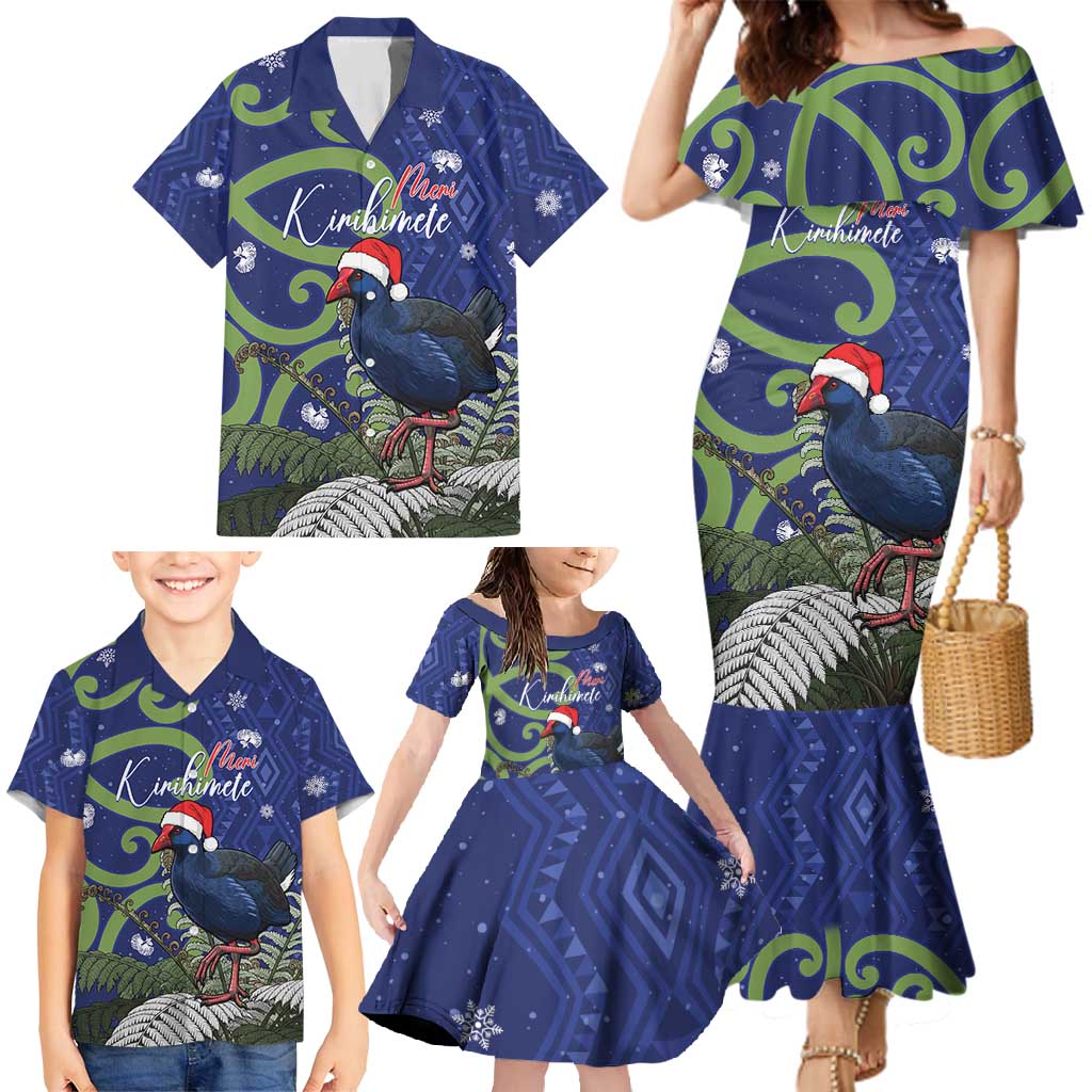 Personalized New Zealand Pukeko Christmas Family Matching Mermaid Dress and Hawaiian Shirt Meri Kirihimete Taniko Ponga Koru Blue LT14 - Polynesian Pride
