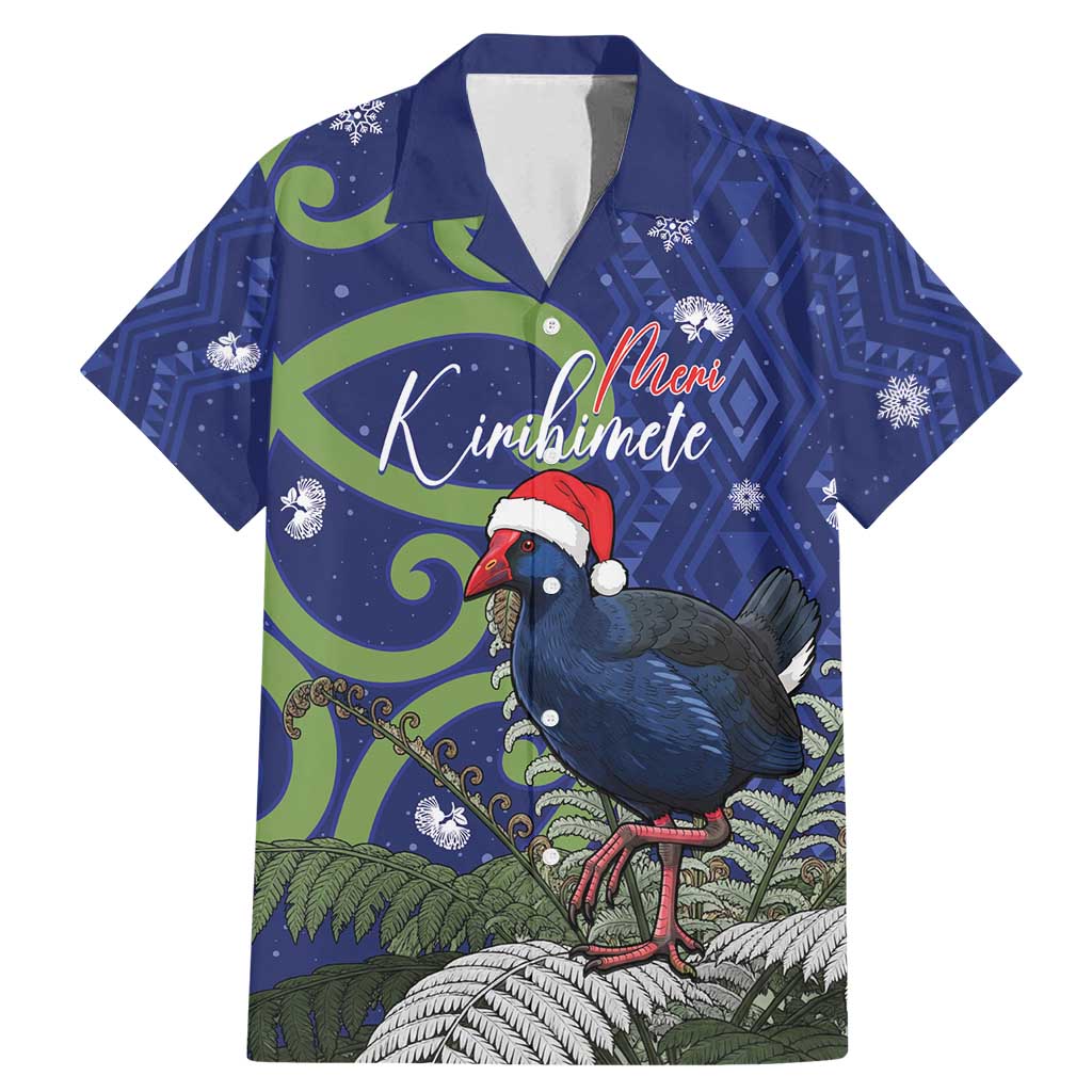 Personalized New Zealand Pukeko Christmas Family Matching Mermaid Dress and Hawaiian Shirt Meri Kirihimete Taniko Ponga Koru Blue LT14 Dad's Shirt - Short Sleeve Blue - Polynesian Pride