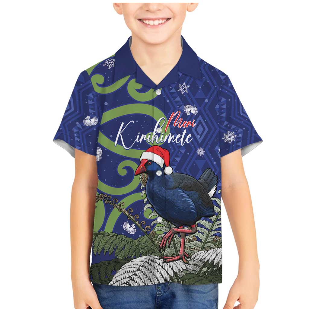 Personalized New Zealand Pukeko Christmas Family Matching Mermaid Dress and Hawaiian Shirt Meri Kirihimete Taniko Ponga Koru Blue LT14 Son's Shirt Blue - Polynesian Pride