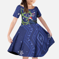Personalized New Zealand Pukeko Christmas Family Matching Off The Shoulder Long Sleeve Dress and Hawaiian Shirt Meri Kirihimete Taniko Ponga Koru Blue LT14 Daughter's Dress Blue - Polynesian Pride