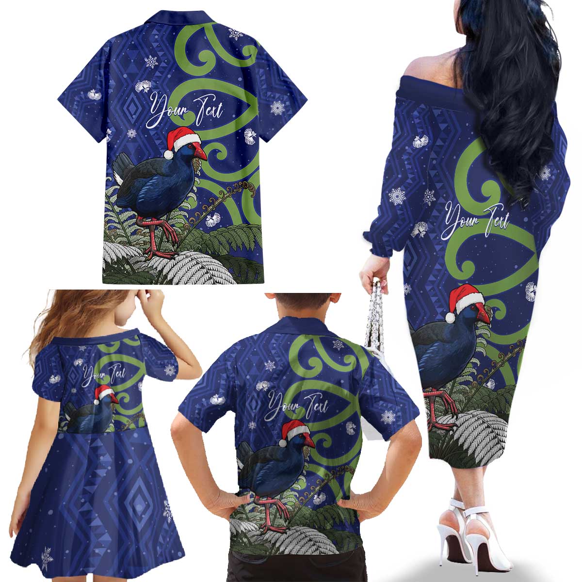 Personalized New Zealand Pukeko Christmas Family Matching Off The Shoulder Long Sleeve Dress and Hawaiian Shirt Meri Kirihimete Taniko Ponga Koru Blue LT14 - Polynesian Pride