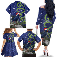 Personalized New Zealand Pukeko Christmas Family Matching Off The Shoulder Long Sleeve Dress and Hawaiian Shirt Meri Kirihimete Taniko Ponga Koru Blue LT14 - Polynesian Pride