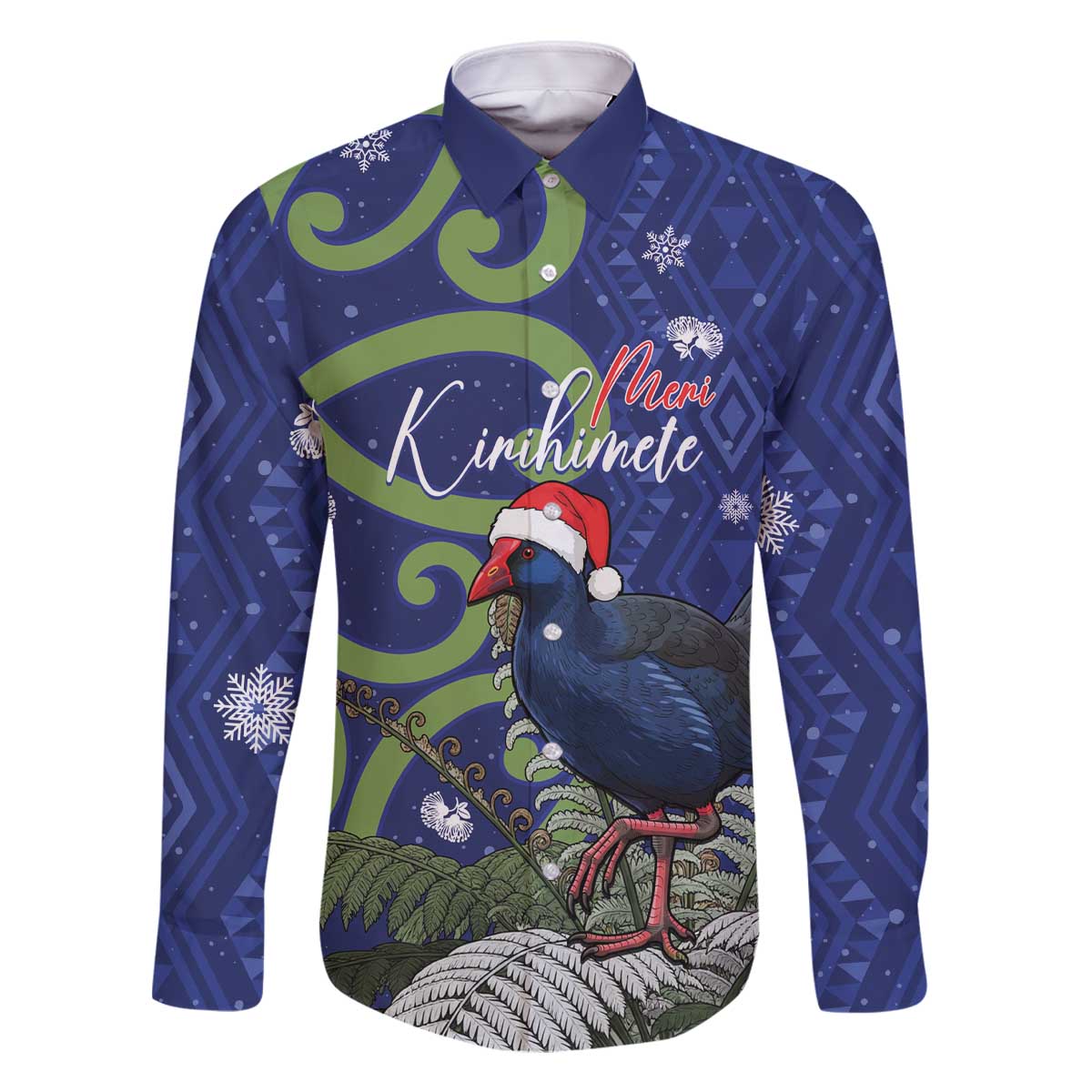 Personalized New Zealand Pukeko Christmas Family Matching Off The Shoulder Long Sleeve Dress and Hawaiian Shirt Meri Kirihimete Taniko Ponga Koru Blue LT14 Dad's Shirt - Long Sleeve Blue - Polynesian Pride