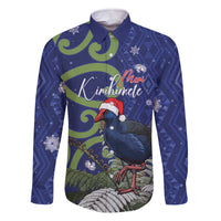 Personalized New Zealand Pukeko Christmas Family Matching Off The Shoulder Long Sleeve Dress and Hawaiian Shirt Meri Kirihimete Taniko Ponga Koru Blue LT14 Dad's Shirt - Long Sleeve Blue - Polynesian Pride