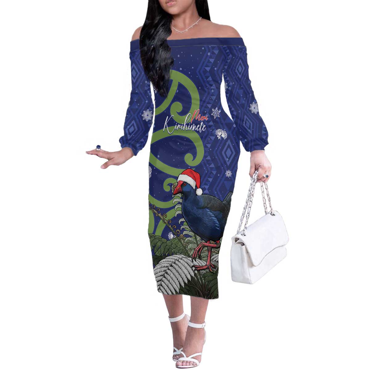 Personalized New Zealand Pukeko Christmas Family Matching Off The Shoulder Long Sleeve Dress and Hawaiian Shirt Meri Kirihimete Taniko Ponga Koru Blue LT14 Mom's Dress Blue - Polynesian Pride