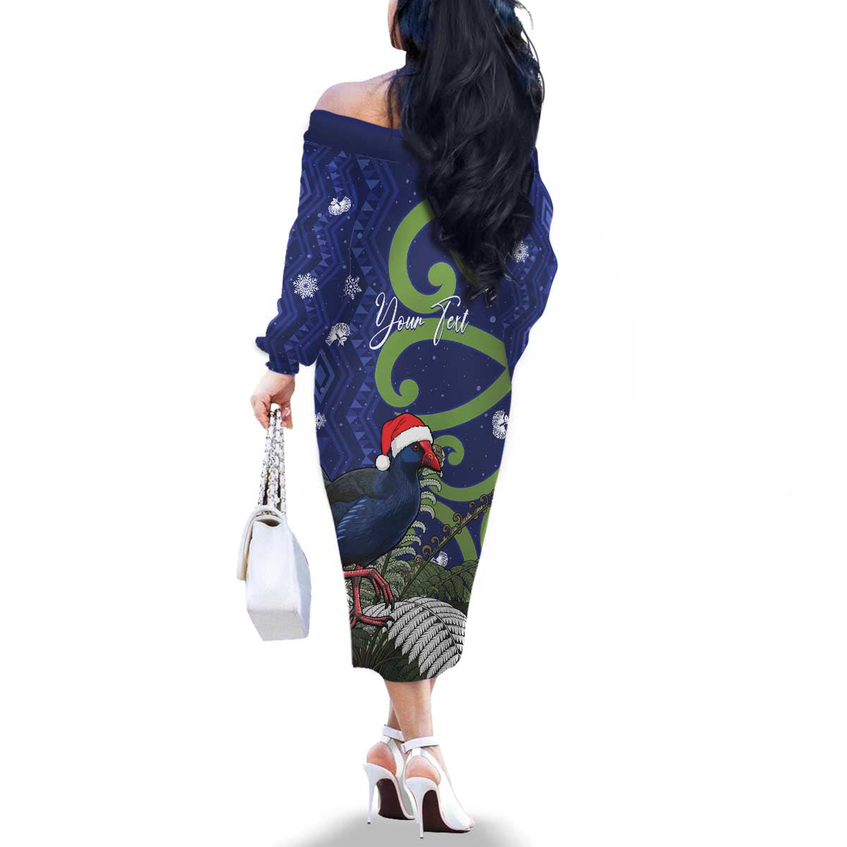 Personalized New Zealand Pukeko Christmas Family Matching Off The Shoulder Long Sleeve Dress and Hawaiian Shirt Meri Kirihimete Taniko Ponga Koru Blue LT14 - Polynesian Pride